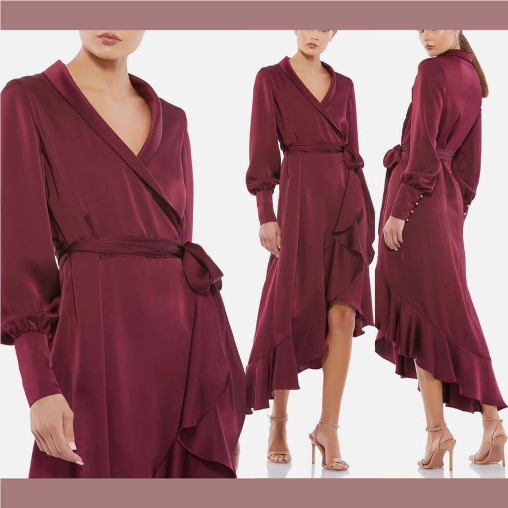 NWT $398 Mac Duggal [‎ 16 ] Long Sleeve Faux Wrap Midi Dress in Wine Red